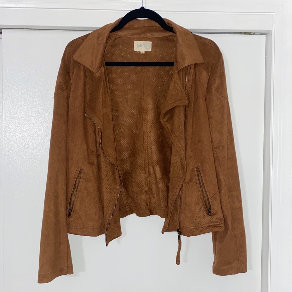 Dark brown light jacket.